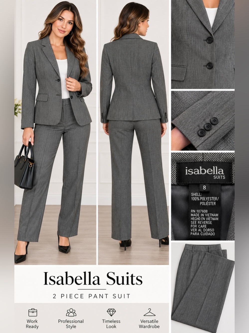 Isabella Suits Gray 2 Piece Pant Suit Size 8 Blazer & Dress Pants Career